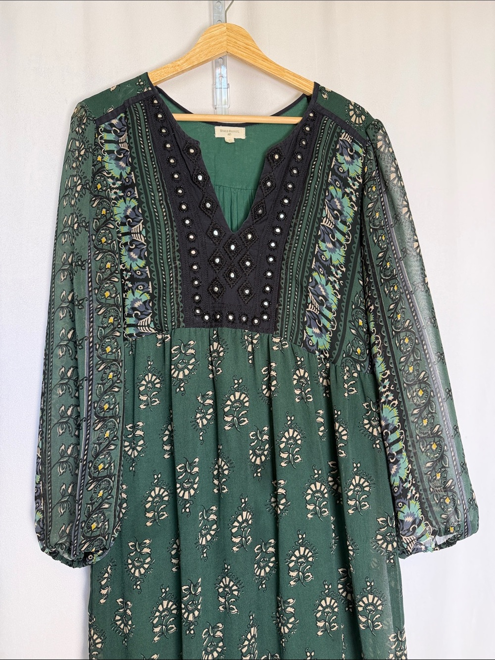 Cost Plus Boho Green Printed Tiered Maxi Dress Embellished Yoke Size L/XL Sheer - Picture 3 of 10